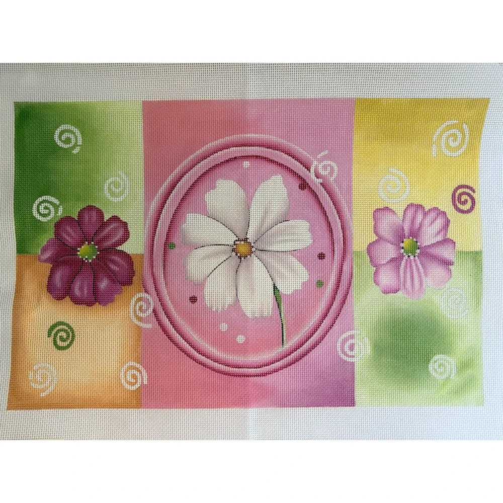 Hand Painted Mod Floral Needlepoint Canvas Large Vintage Pink Green Cottage